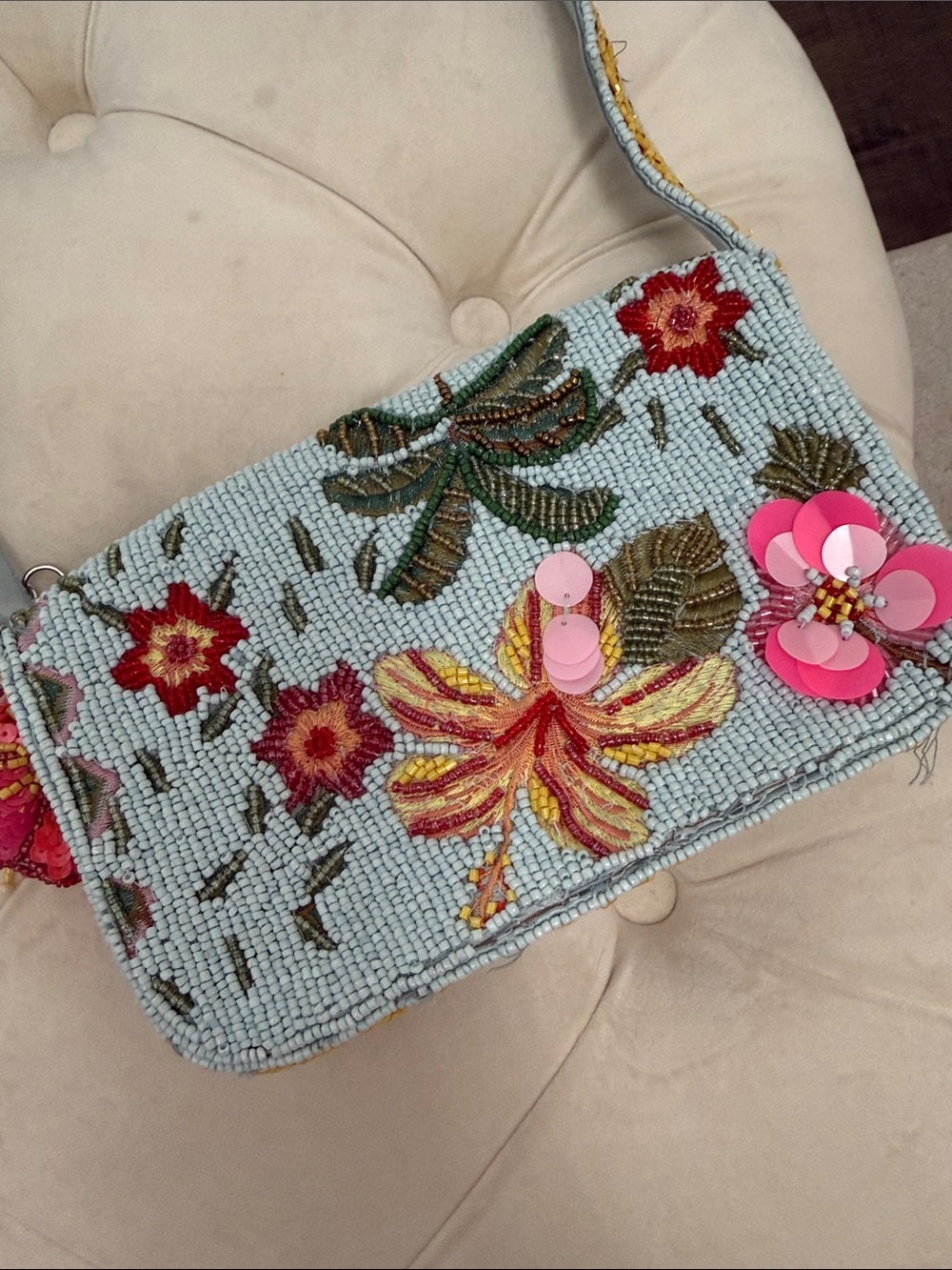 Beaded Floral Pink Accent Shoulder Bag - Picture 8 of 14